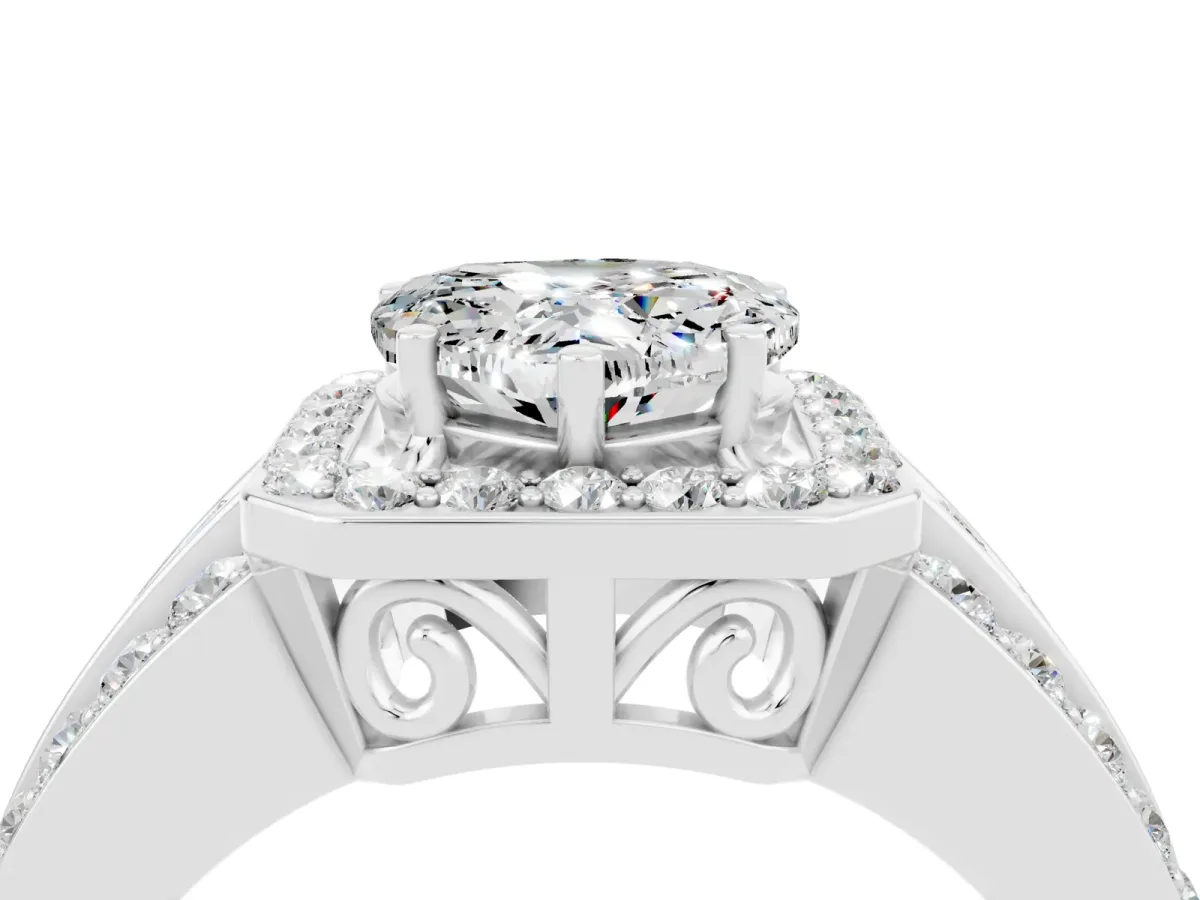 Heart Cut Halo Moissanite Ring with Round Split Shank and Prong Setting White gold