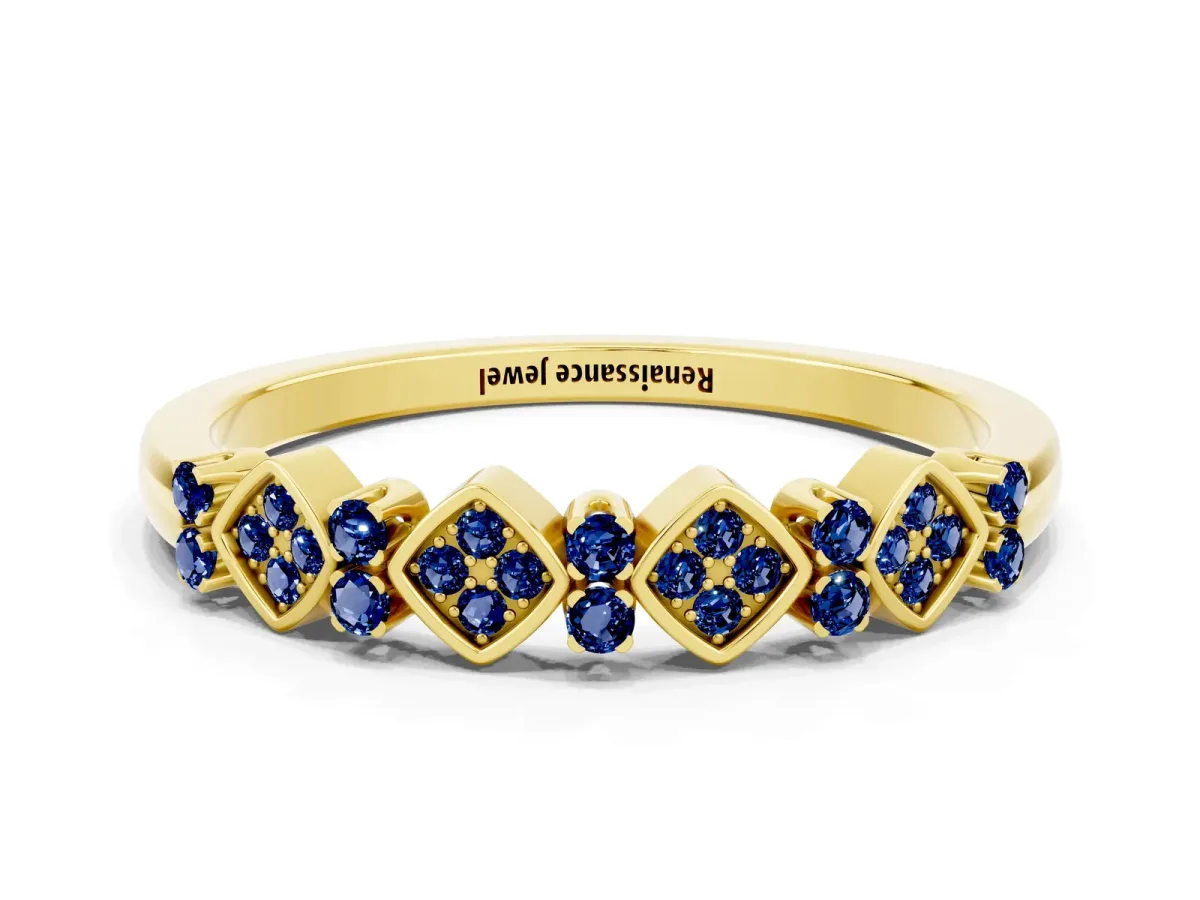 Pavé Cushion Blue Sapphire Cluster Eternity Band with Prong Setting Yellow gold