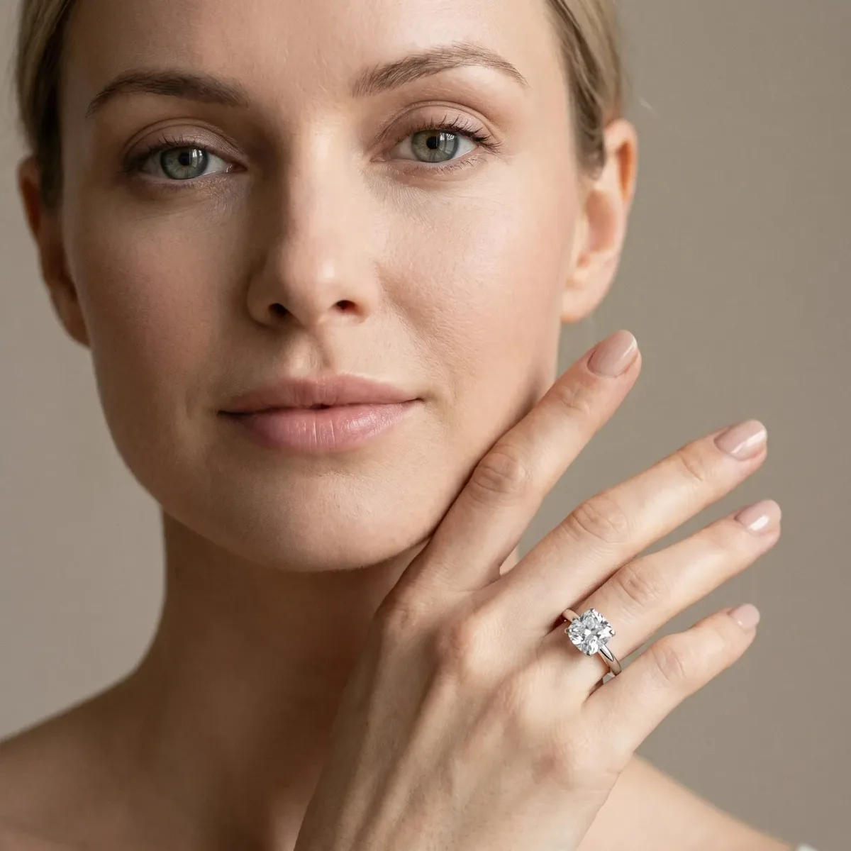 Cushion Cut Diamond Solitaire Engagement Ring with Round Band and Four-Prong Setting Silver