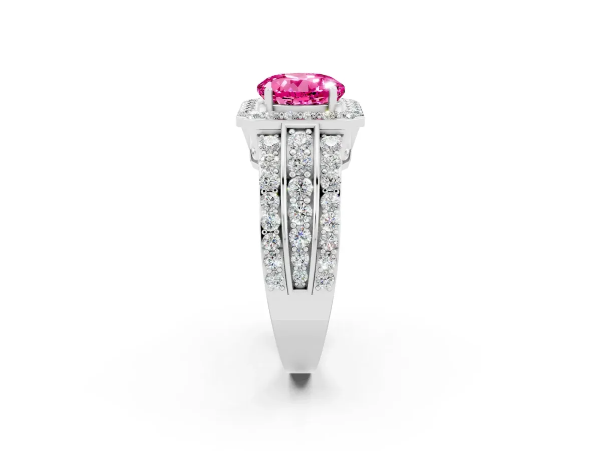 Round Cut Halo Pink Sapphire Ring with Round Split Shank and Prong Setting White gold