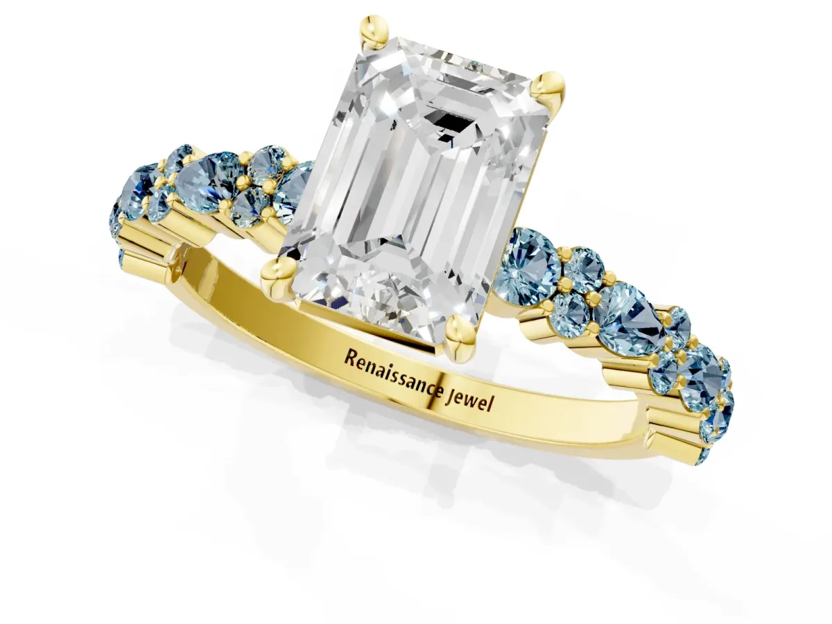 Emerald Cut Diamond Side Stone Solitaire Ring with Round Aquamarine and Four-Prong Setting Yellow gold