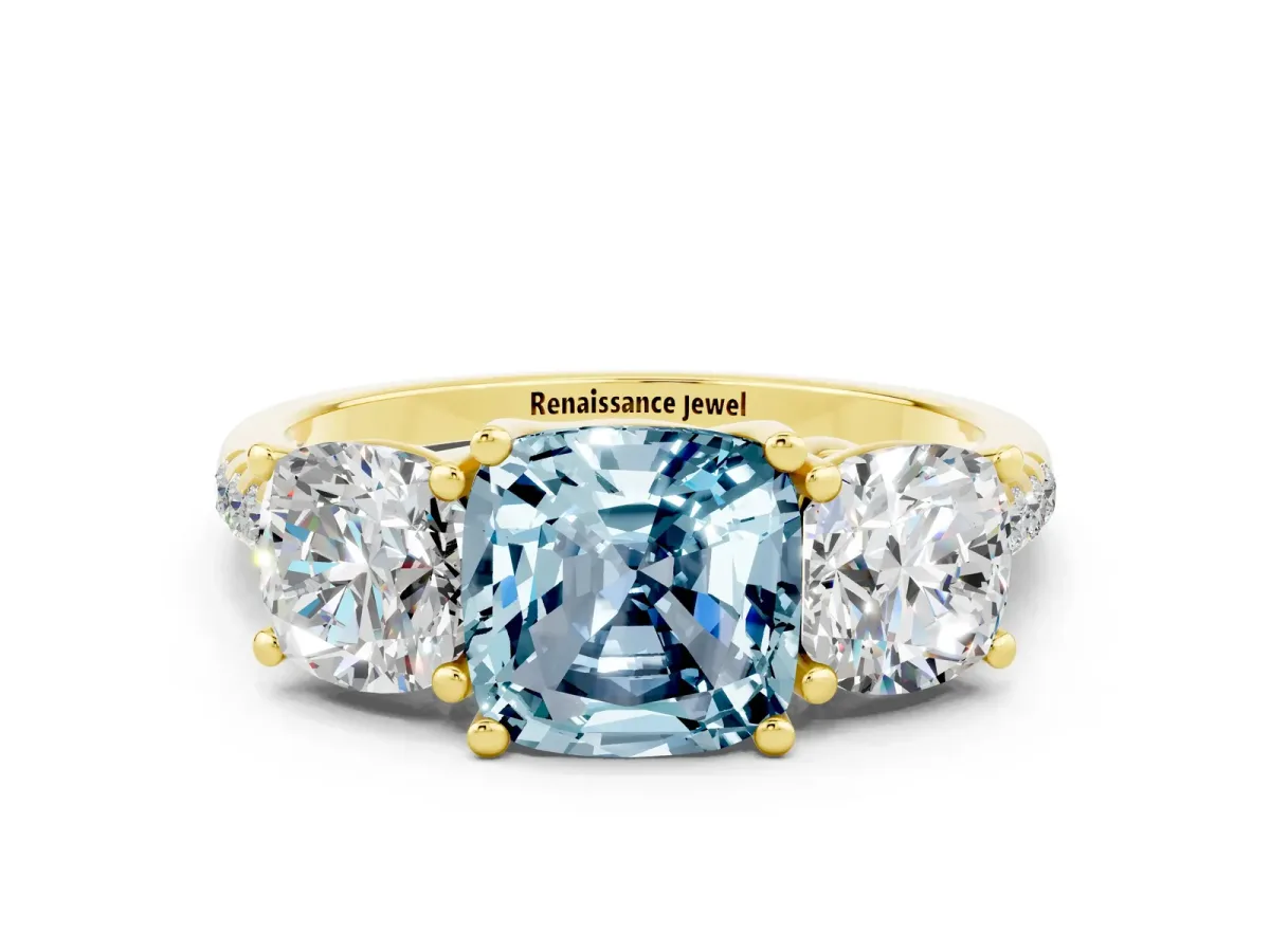 Three-Stone Cushion Cut Aquamarine Ring with Round Pavé Band and Prong Setting Yellow gold