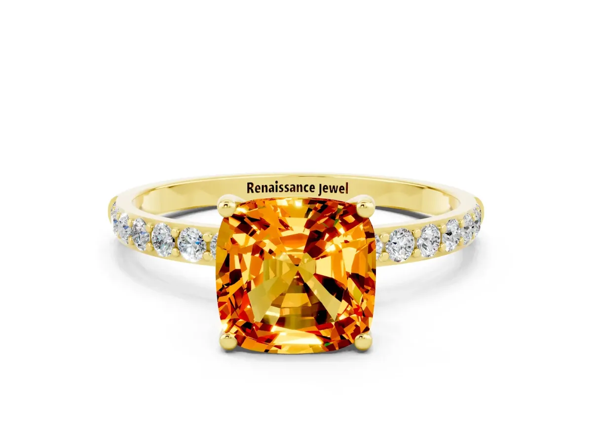 Cushion Cut Citrine Solitaire Ring with Round Pavé Band and Prong Setting Yellow gold