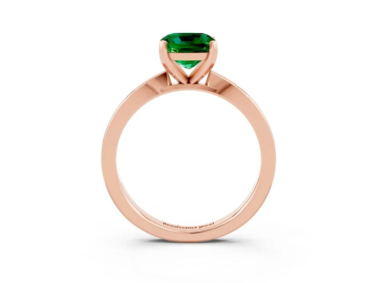 Cushion Cut Emerald Solitaire Engagement Ring with Classic Band and Four-Prong Setting Rose gold