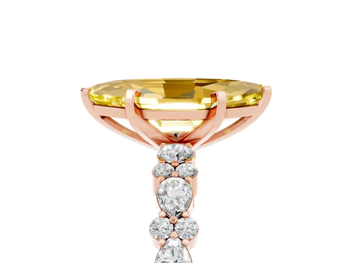 Marquise Cut Yellow Sapphire Side Stone Solitaire Ring with Round and Four-Prong Setting Rose gold