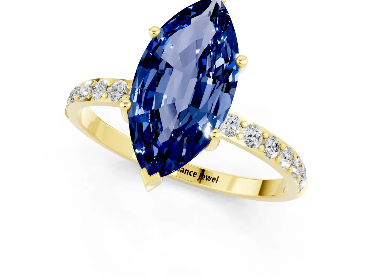 Marquise Cut Blue Sapphire Solitaire Ring with Round Pavé Band and Prong Setting Yellow gold
