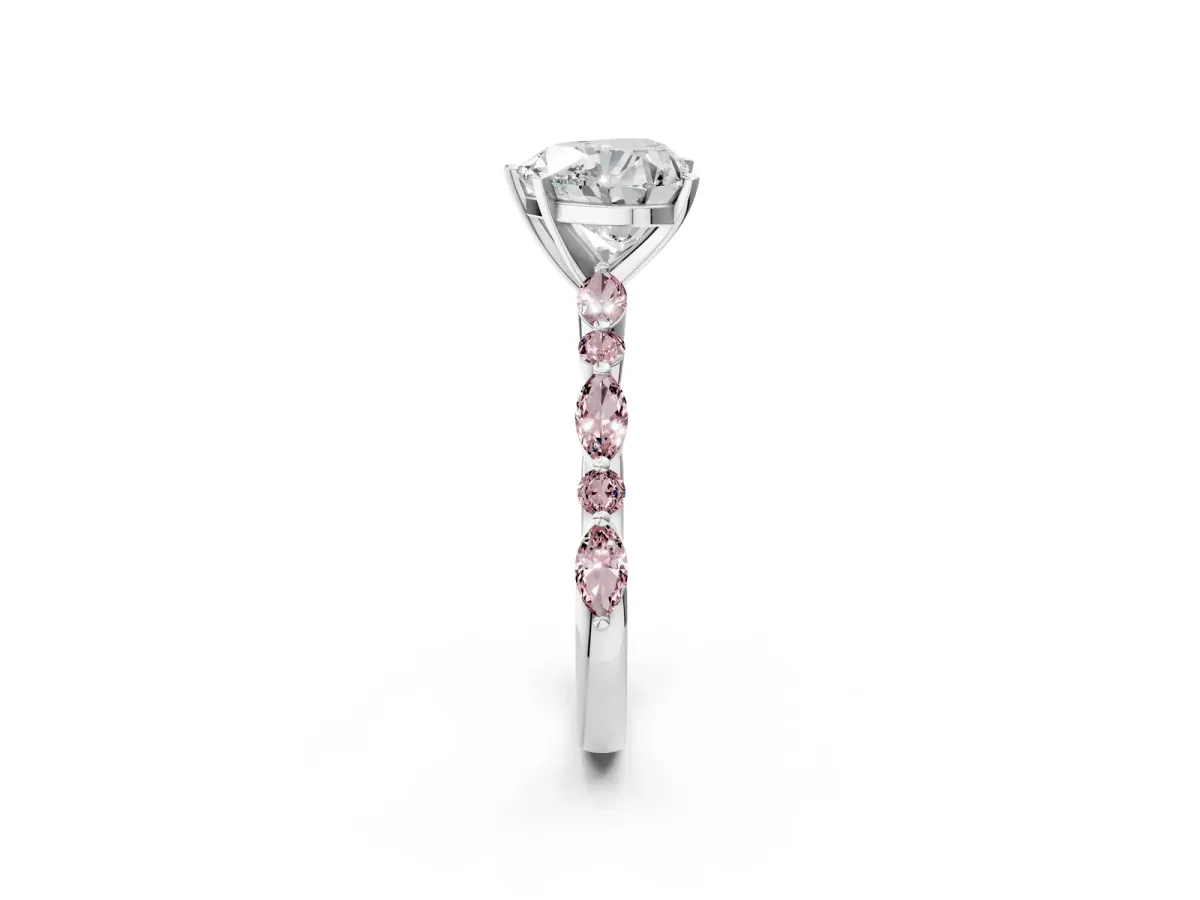 Heart Cut Diamond Ring with Marquise and Round Morganite Side Stones and Four-Prong Setting Silver