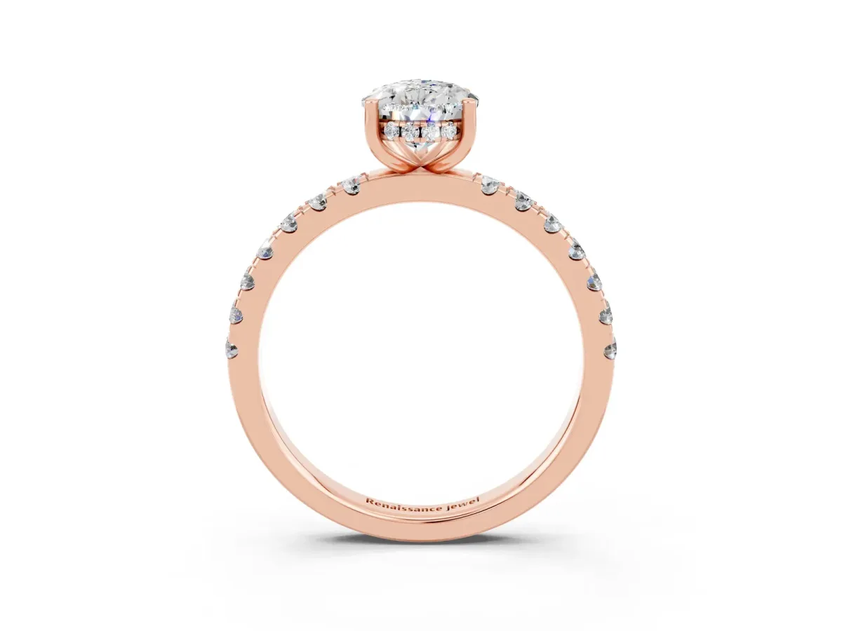 Pear Cut Moissanite Pave Band Solitaire Ring with Round and Prong Setting Rose gold