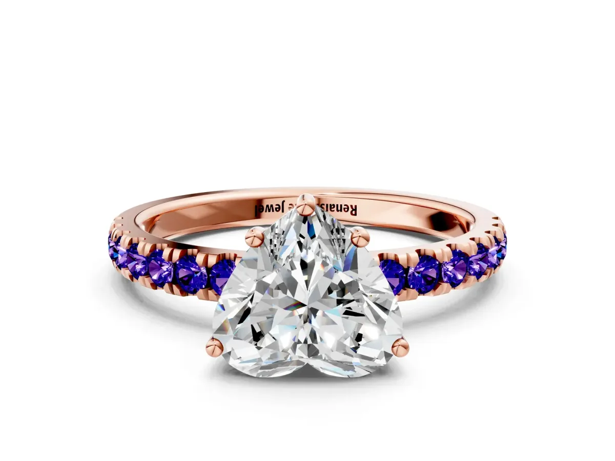 Heart Cut Diamond Pave Band Solitaire Ring with Round Tanzanite and Prong Setting Rose gold