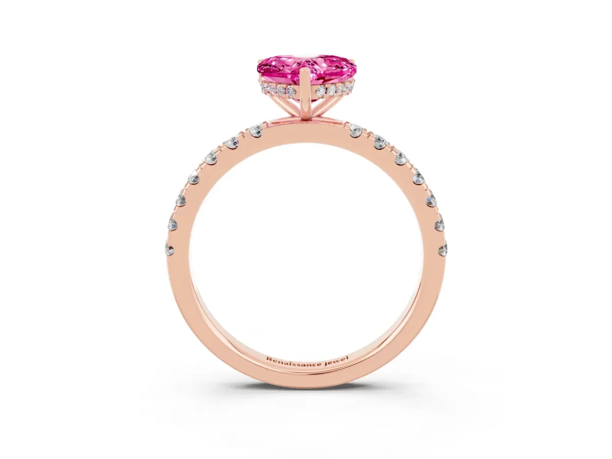 Heart Cut Pink Sapphire Pave Band Solitaire Ring with Round and Prong Setting Rose gold