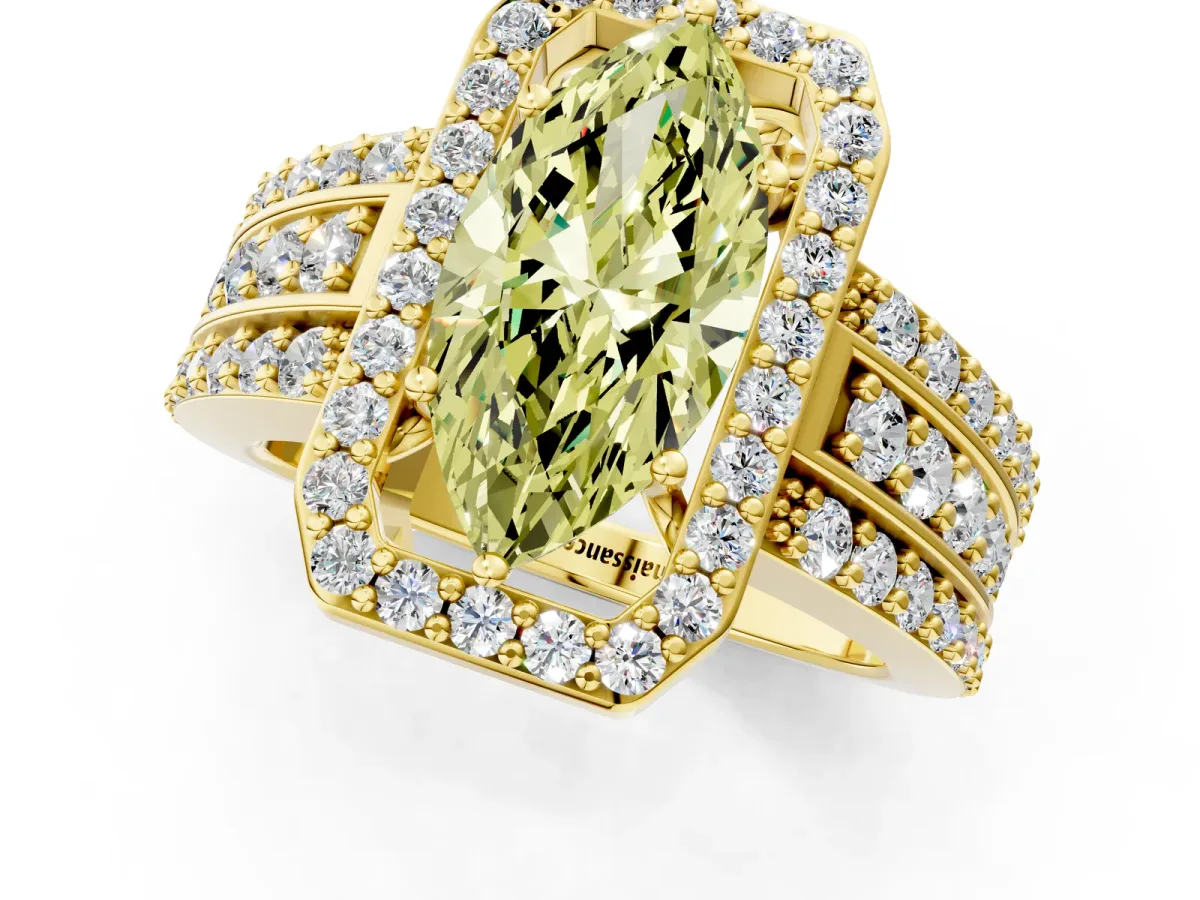 Fancy Yellow Marquise Cut Halo Diamond Ring with Round Split Shank and Prong Setting Yellow gold