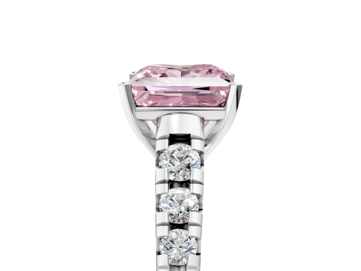 Fancy Pink Princess Cut Diamond Cathedral Solitaire Ring with Round Pavé Band Silver