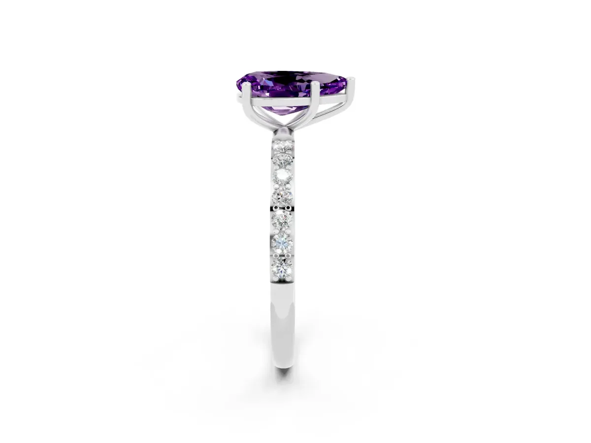 Pear Cut Amethyst Solitaire Ring with Round Pavé Band and Prong Setting Platinum