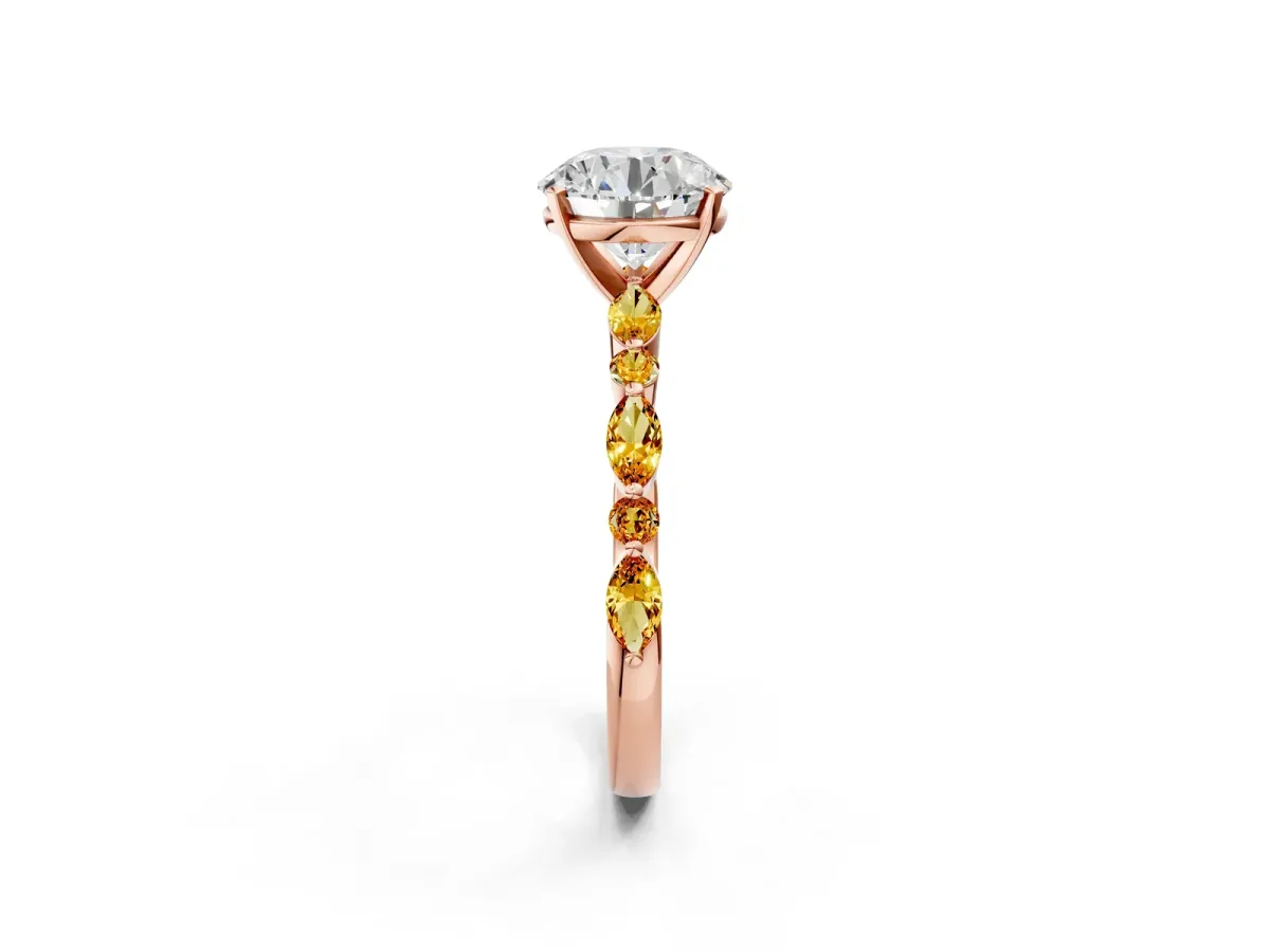 Round Cut Diamond Ring with Marquise and Round Citrine Side Stones and Four-Prong Setting Rose gold