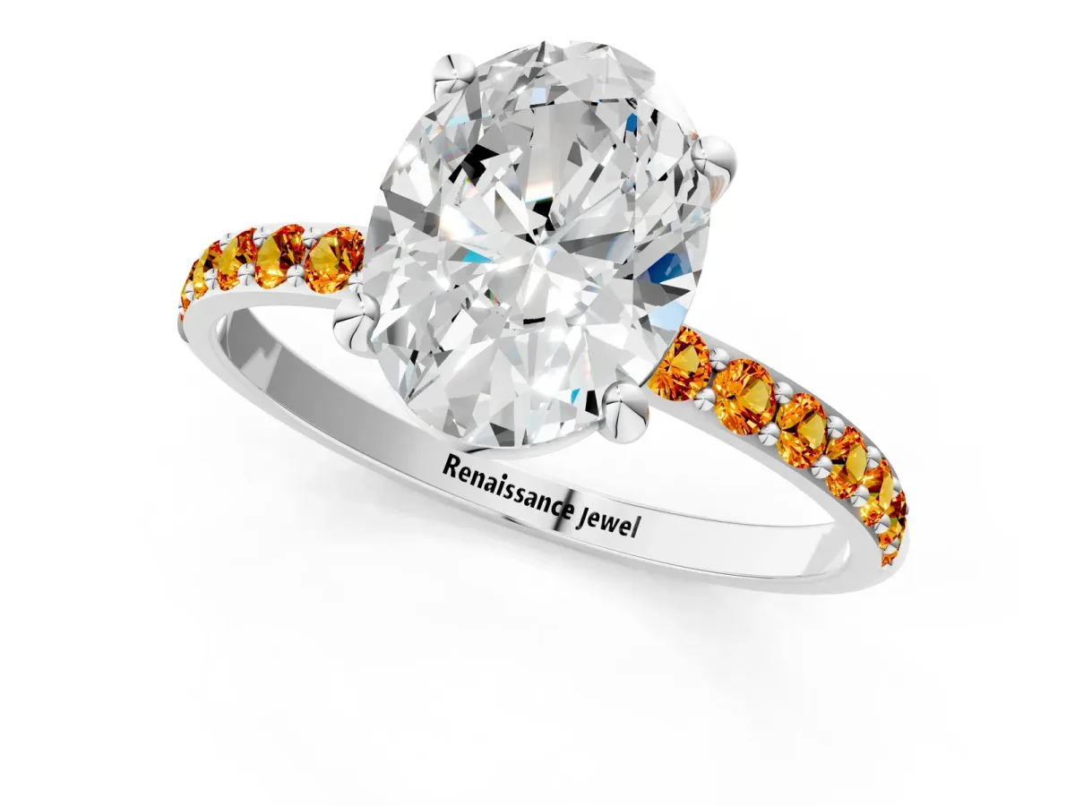 Oval Cut Diamond Solitaire Ring with Round Citrine Pavé Band and Prong Setting Platinum