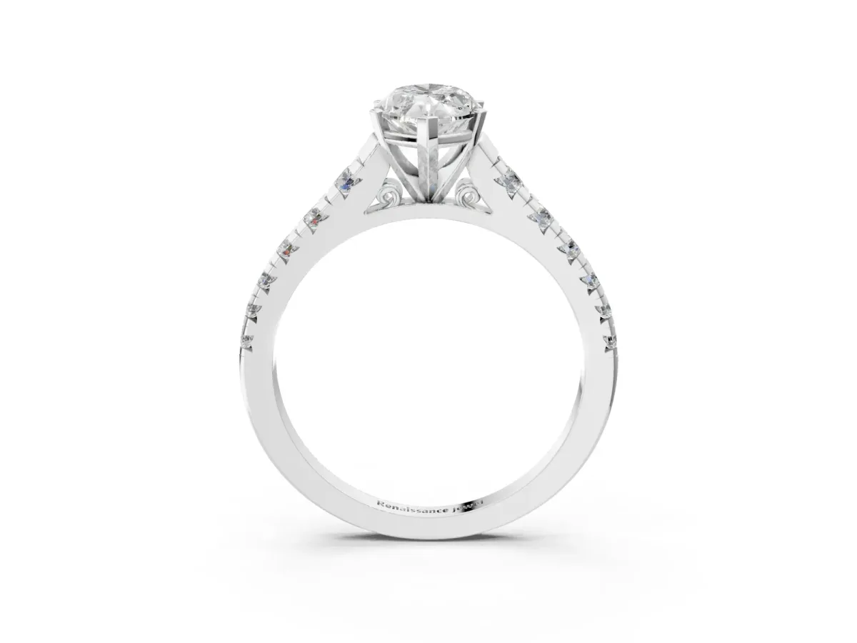 Marquise Cut Diamond Cathedral Solitaire Ring with Round Pavé Band White gold