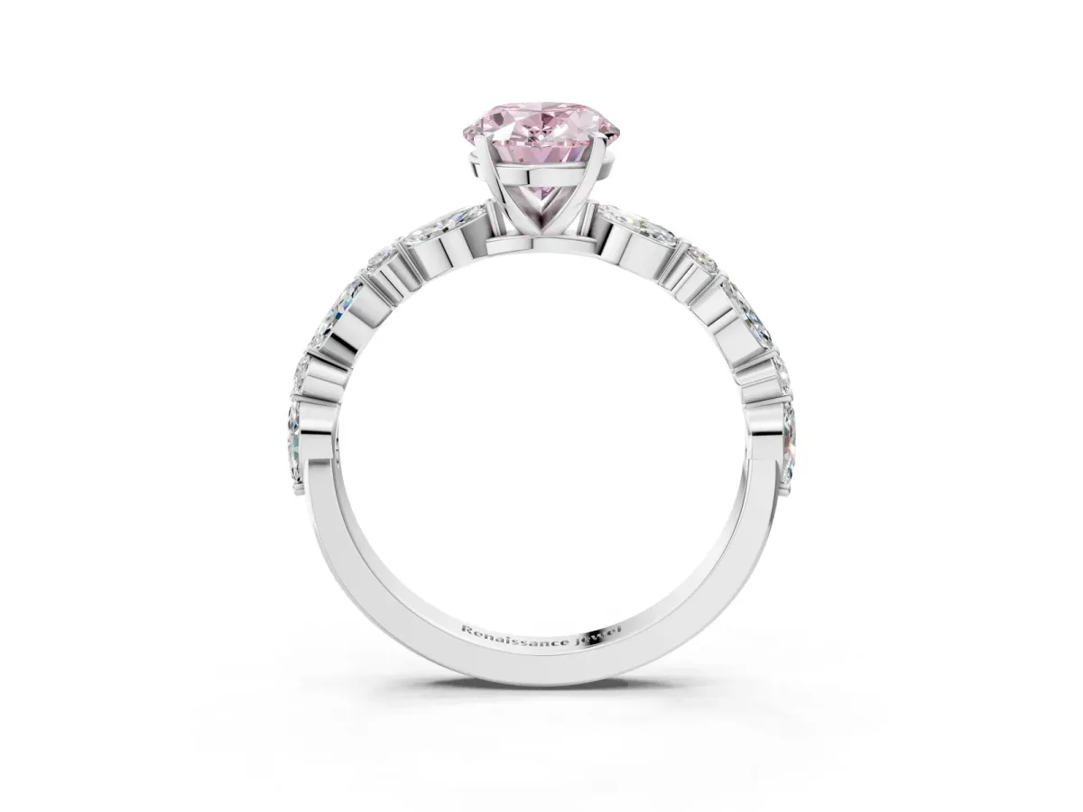 Fancy Pink Oval Cut Diamond Ring with Marquise and Round Side Stones and Four-Prong Setting Platinum