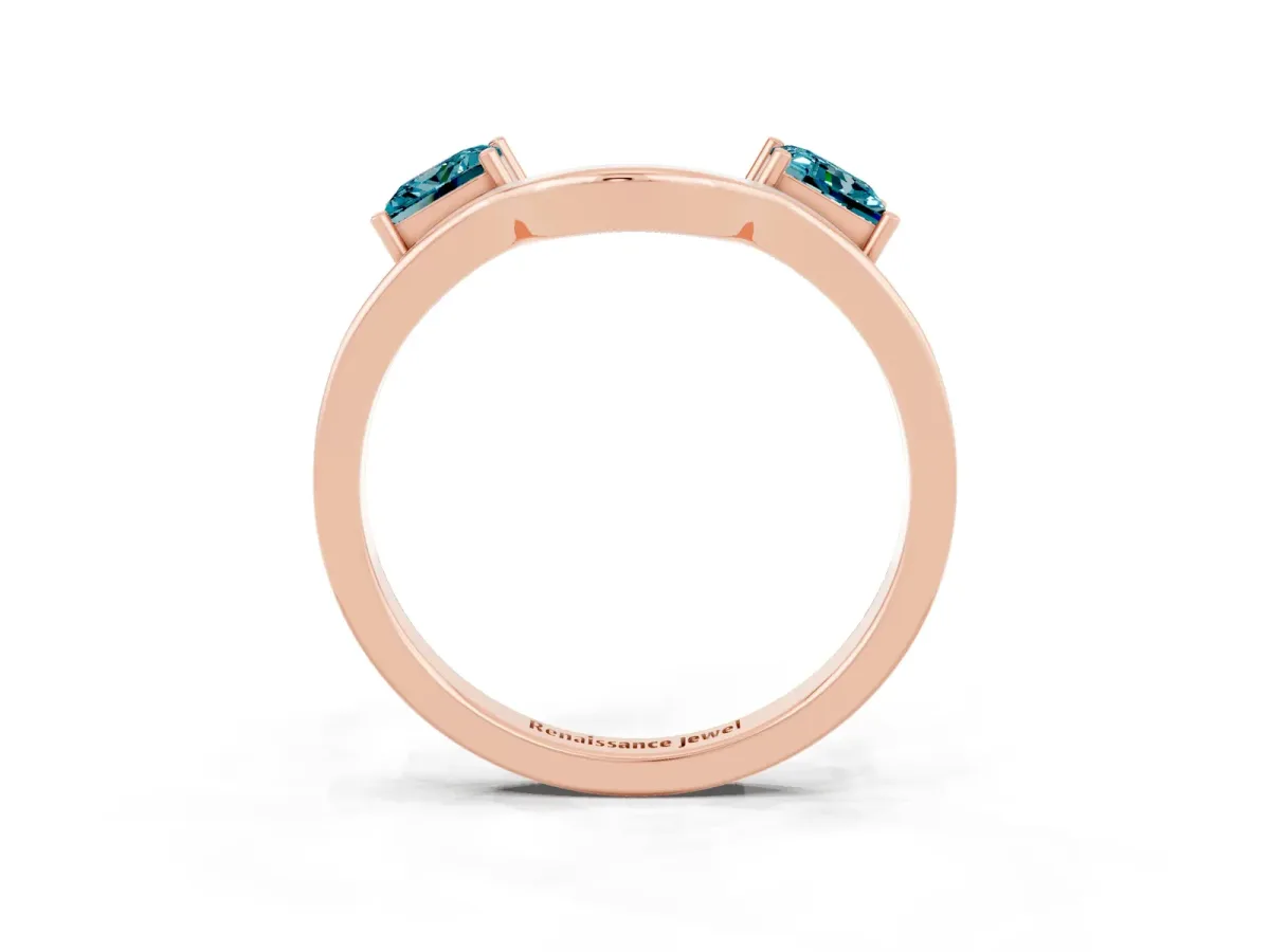 Princess Cut Blue Topaz Two-Stone Open Band Ring with Four-Prong Setting Rose gold