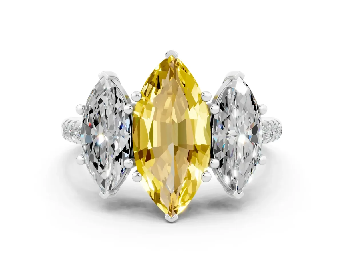 Three-Stone Marquise Cut Yellow Sapphire Ring with Round Pavé Band and Prong Setting Silver