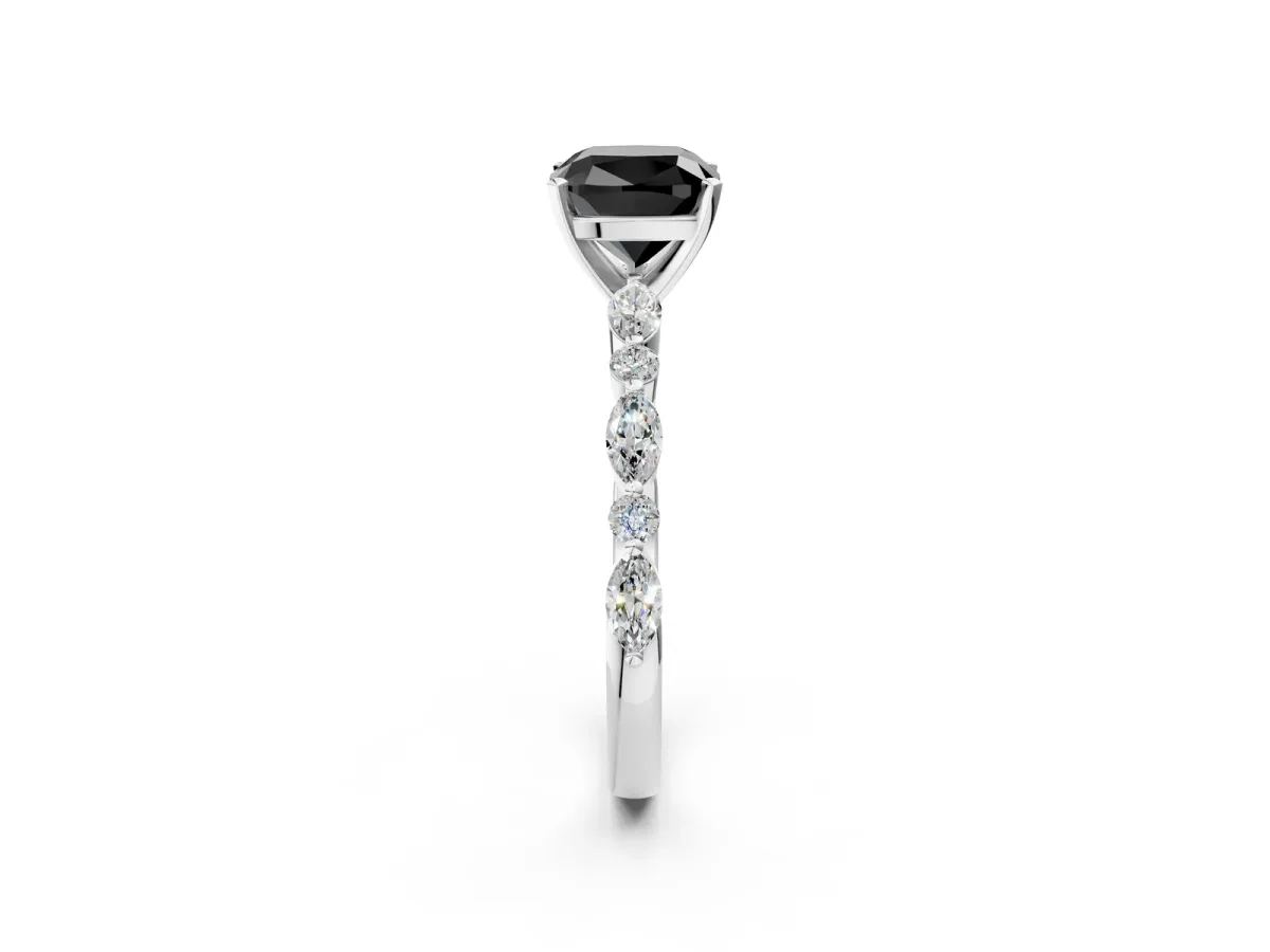 Fancy Black Cushion Cut Diamond Ring with Marquise and Round Side Stones and Four-Prong Setting Silver