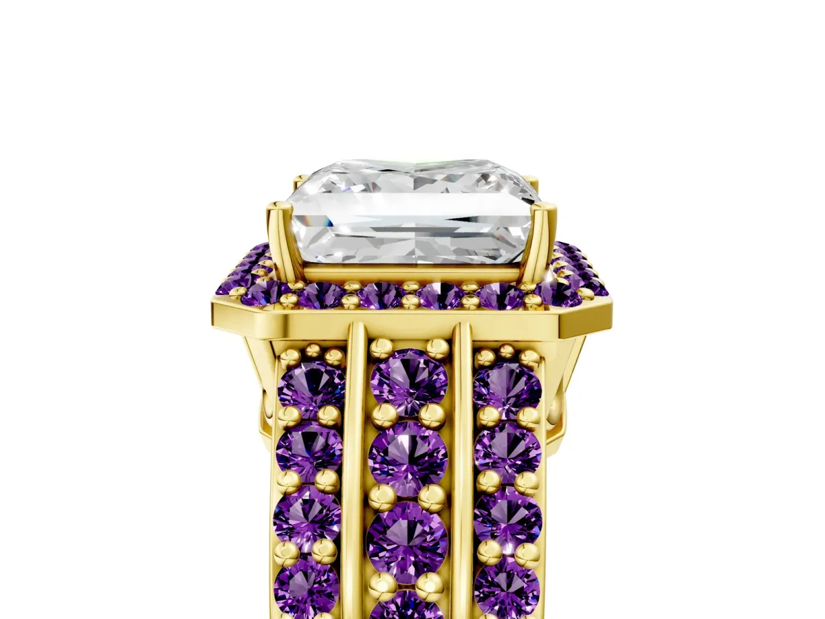 Princess Cut Halo Diamond Ring with Round Amethyst Split Shank and Prong Setting Yellow gold
