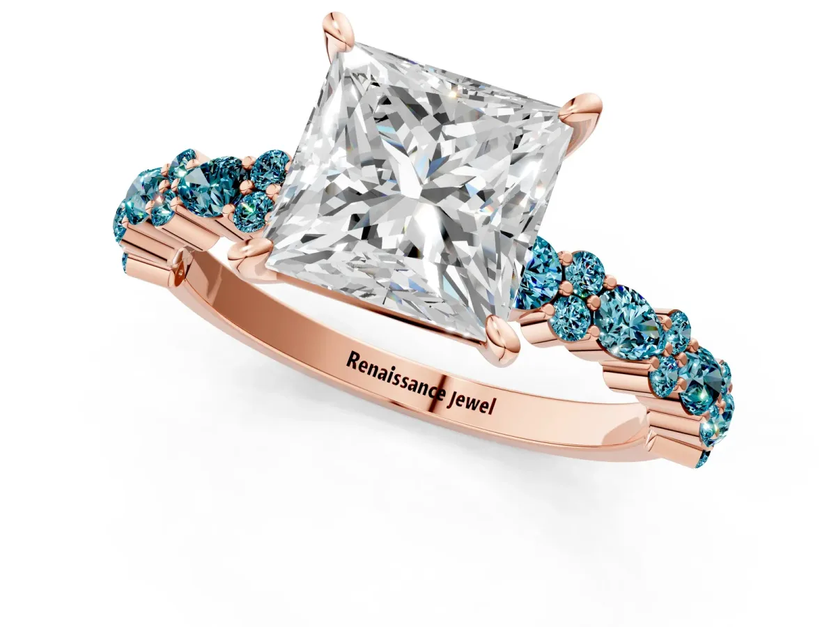 Princess Cut Diamond Side Stone Solitaire Ring with Round Blue Topaz and Four-Prong Setting Rose gold