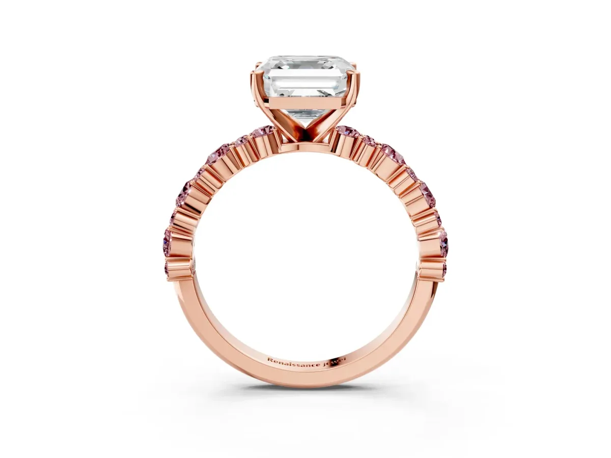 Asscher Cut Diamond Side Stone Solitaire Ring with Round Morganite and Four-Prong Setting Rose gold