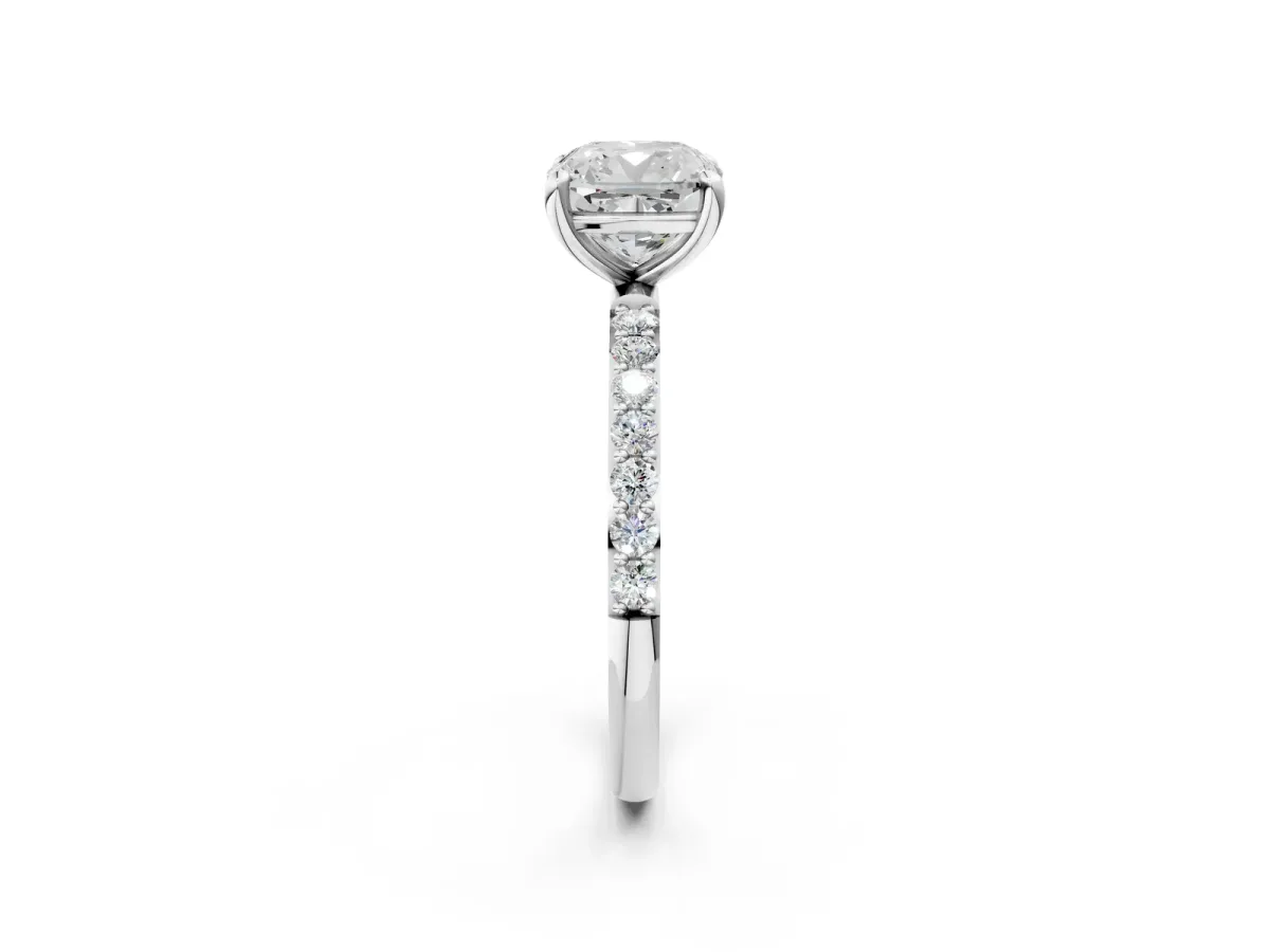 Cushion Cut Diamond Solitaire Ring with Round Moissanite Pavé Band and Prong Setting Silver