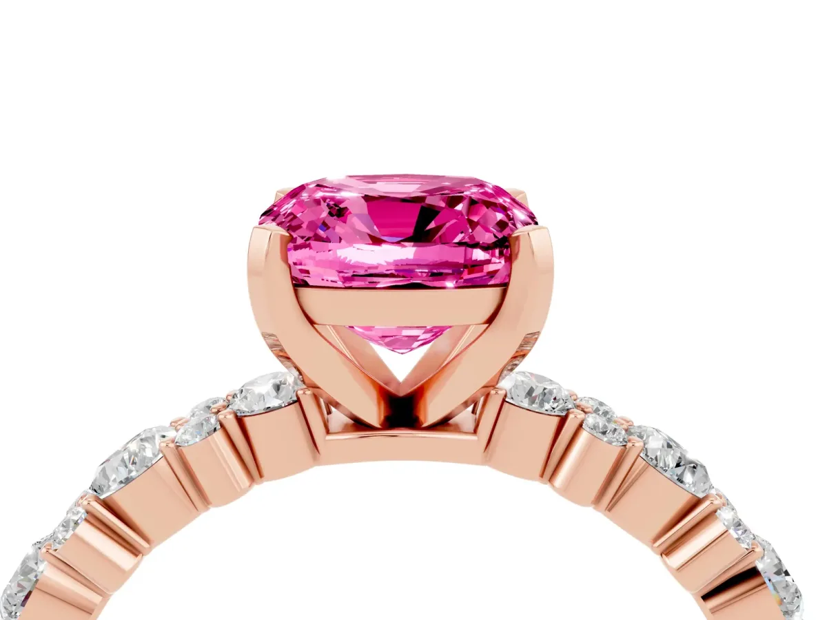 Cushion Cut Pink Sapphire Side Stone Solitaire Ring with Round and Four-Prong Setting Rose gold
