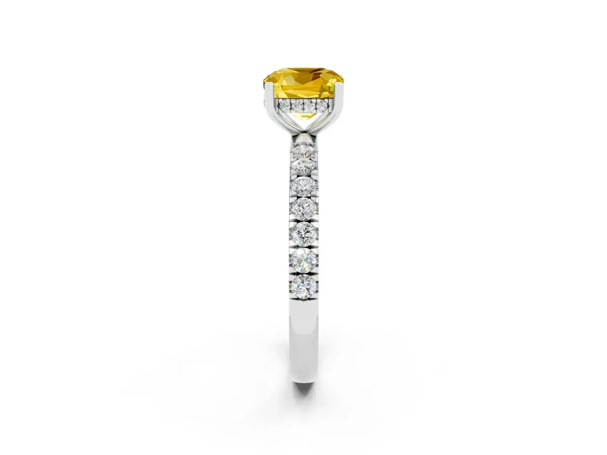 Cushion Cut Yellow Sapphire Pave Band Solitaire Ring with Round and Prong Setting Platinum
