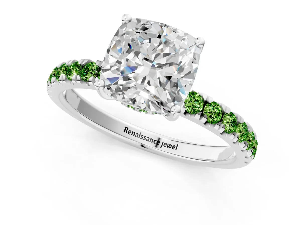 Cushion Cut Diamond Pave Band Solitaire Ring with Round Peridot and Prong Setting White gold