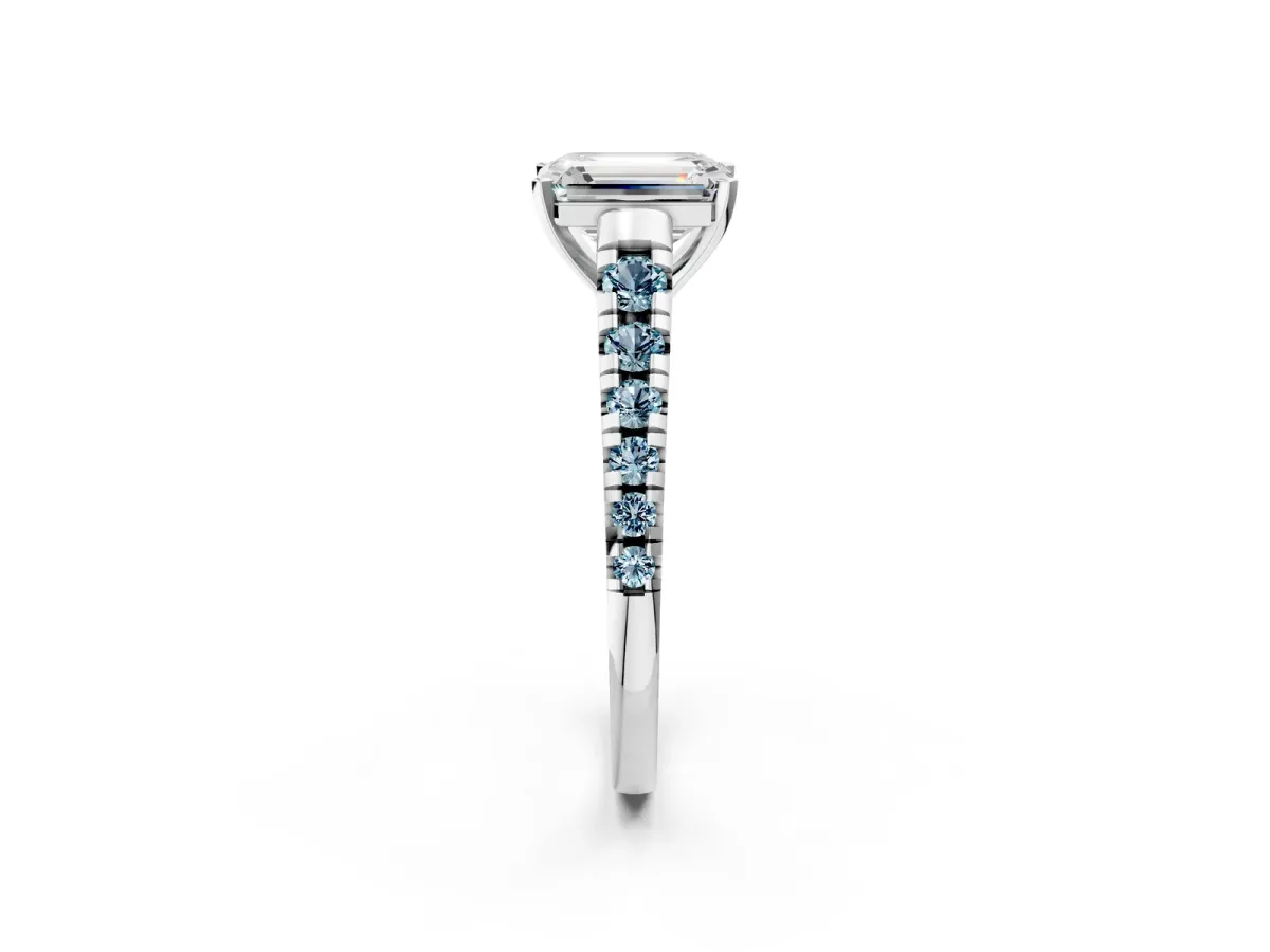 Emerald Cut Diamond Cathedral Solitaire Ring with Round Aquamarine Pavé Band Silver