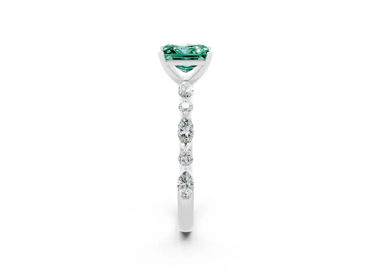 Princess Cut Green Sapphire Ring with Marquise and Round Side Stones and Four-Prong Setting Platinum