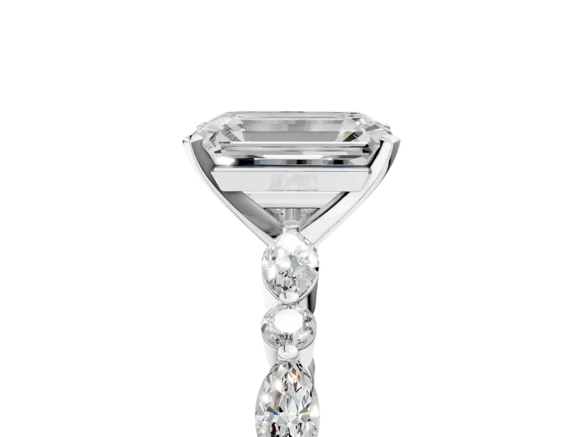 Emerald Cut Diamond Ring with Marquise and Round Moissanite Side Stones and Four-Prong Setting Silver