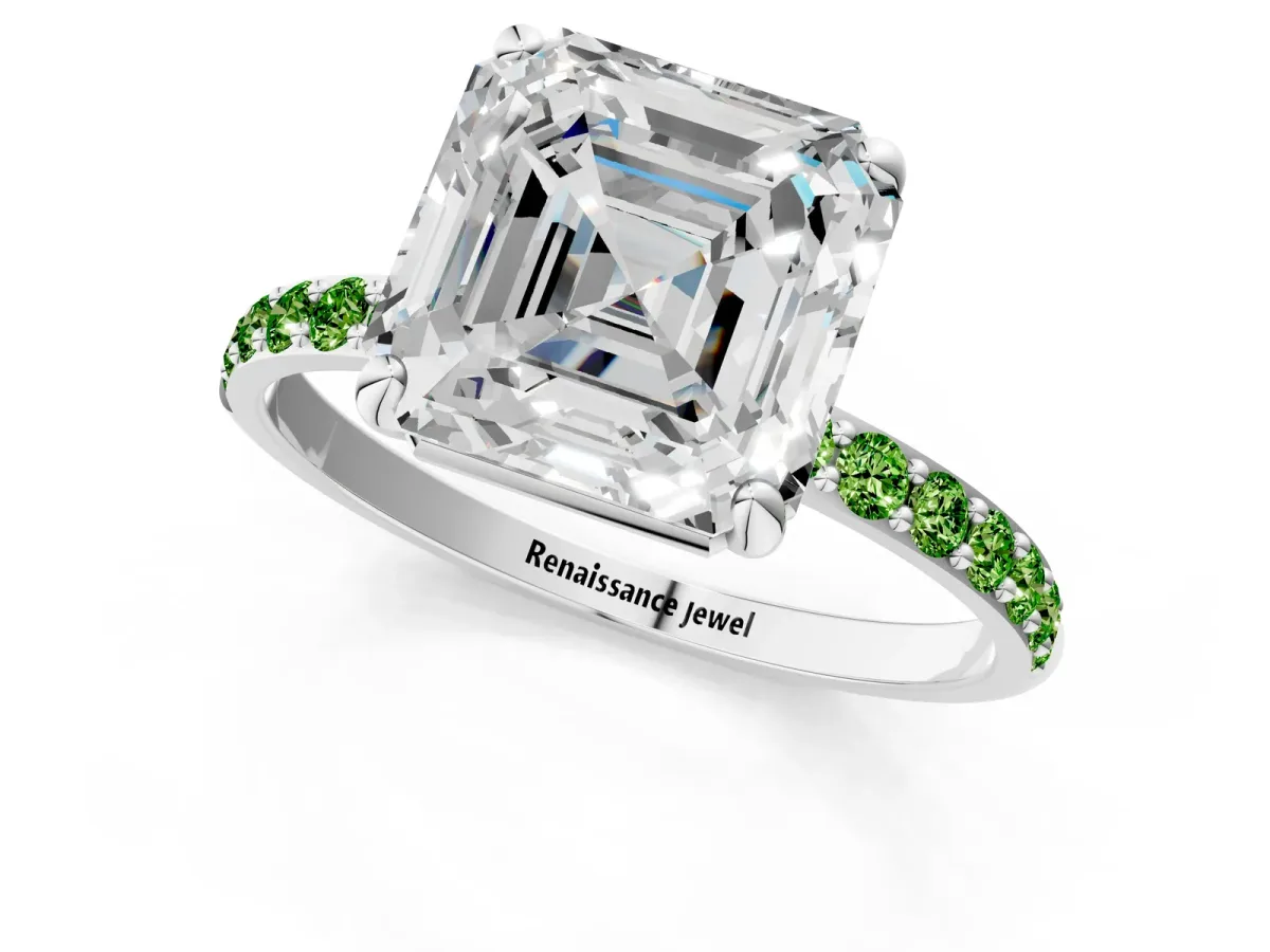 Asscher Cut Diamond Solitaire Ring with Round Peridot Pavé Band and Prong Setting White gold