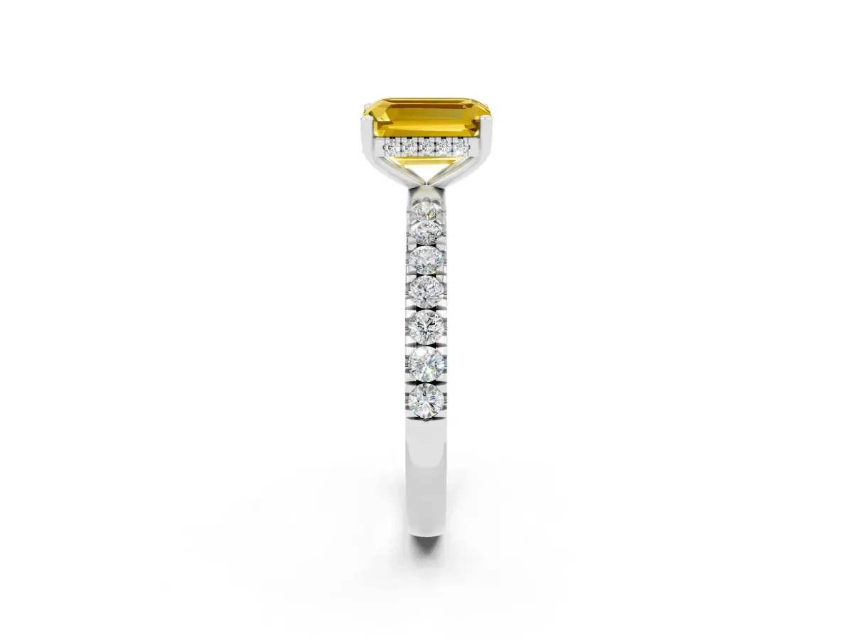 Emerald Cut Yellow Sapphire Pave Band Solitaire Ring with Round and Prong Setting Platinum