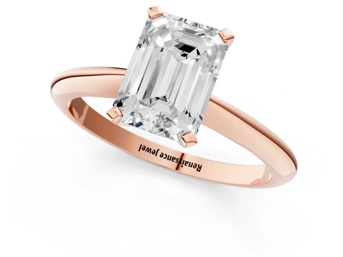 Emerald Cut Diamond Solitaire Engagement Ring with Classic Band and Four-Prong Setting Rose gold