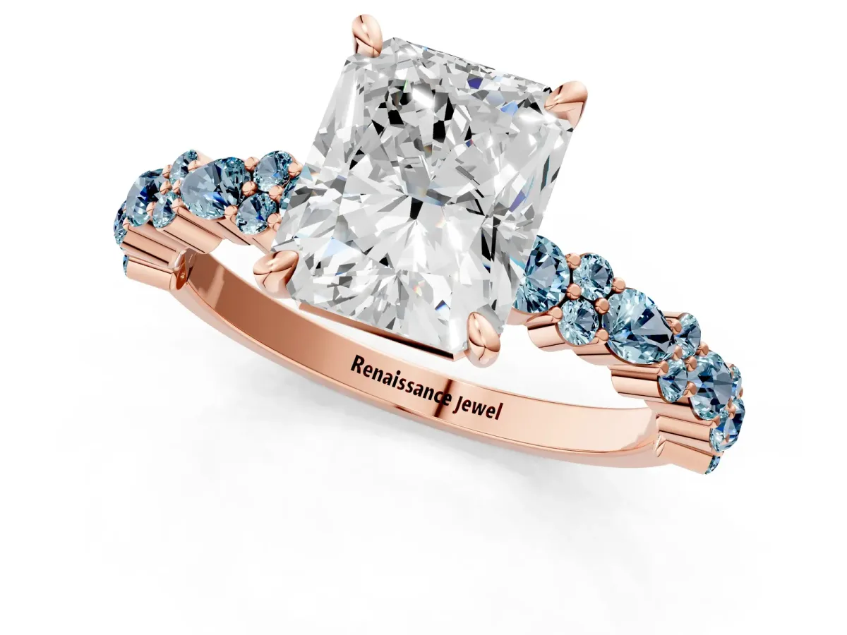 Radiant Cut Diamond Side Stone Solitaire Ring with Round Aquamarine and Four-Prong Setting Rose gold