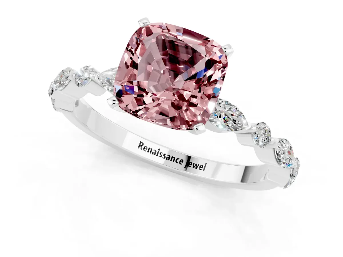 Cushion Cut Morganite Ring with Marquise and Round Side Stones and Four-Prong Setting Platinum