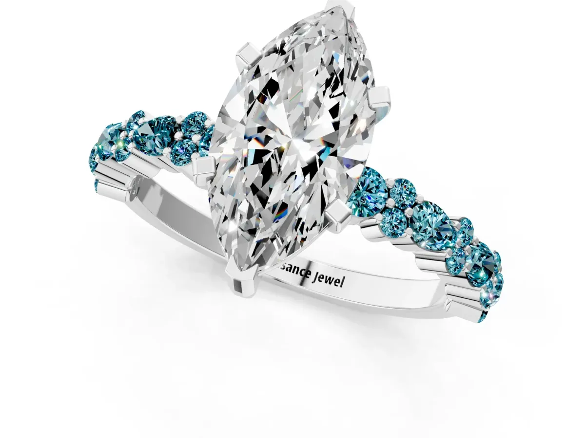 Marquise Cut Diamond Side Stone Solitaire Ring with Round Blue Topaz and Four-Prong Setting Platinum