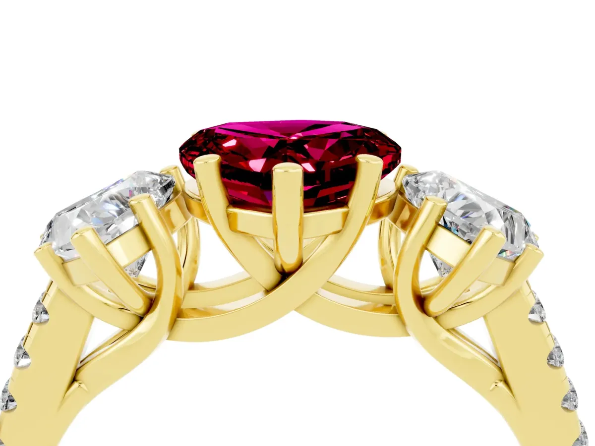 Three-Stone Heart Cut Garnet Ring with Round Pavé Band and Prong Setting Yellow gold