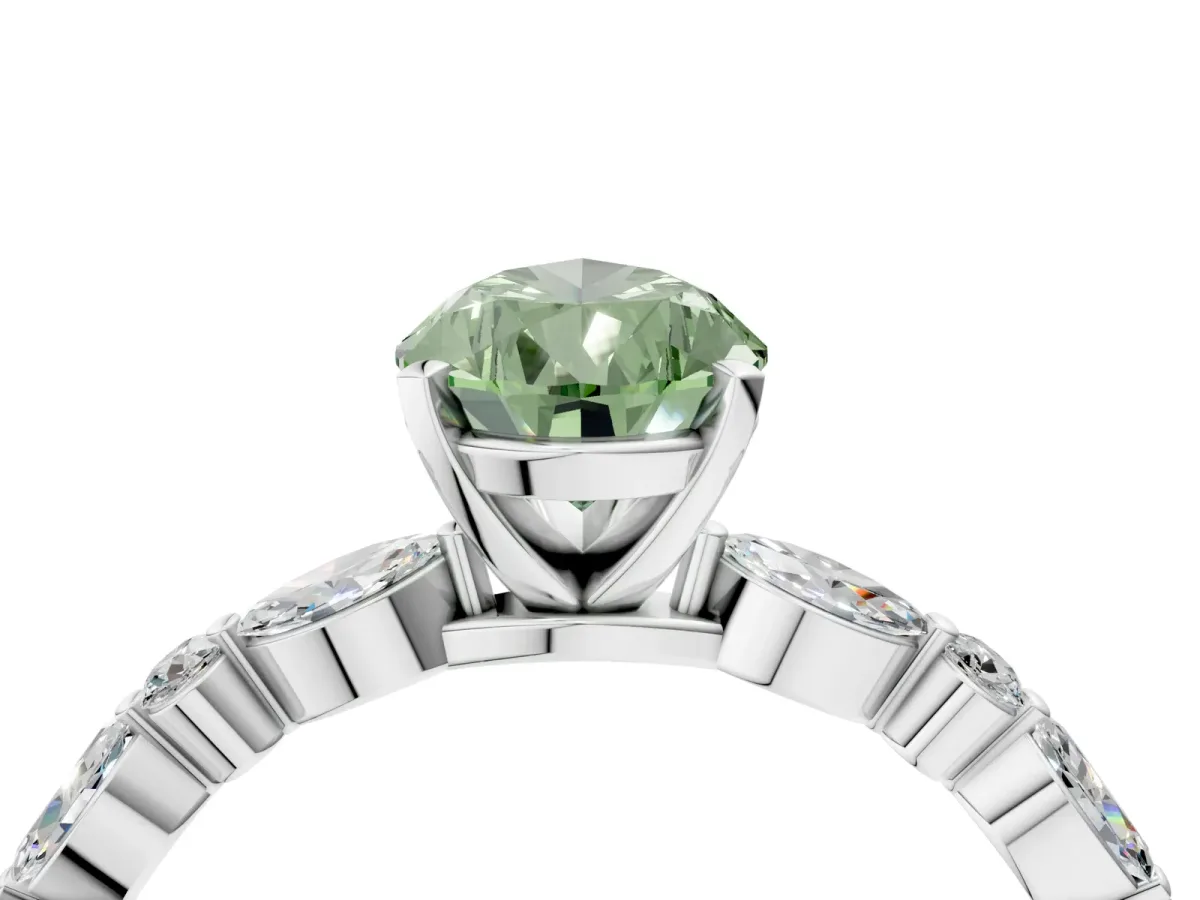 Fancy Green Pear Cut Diamond Ring with Marquise and Round Side Stones and Four-Prong Setting Platinum