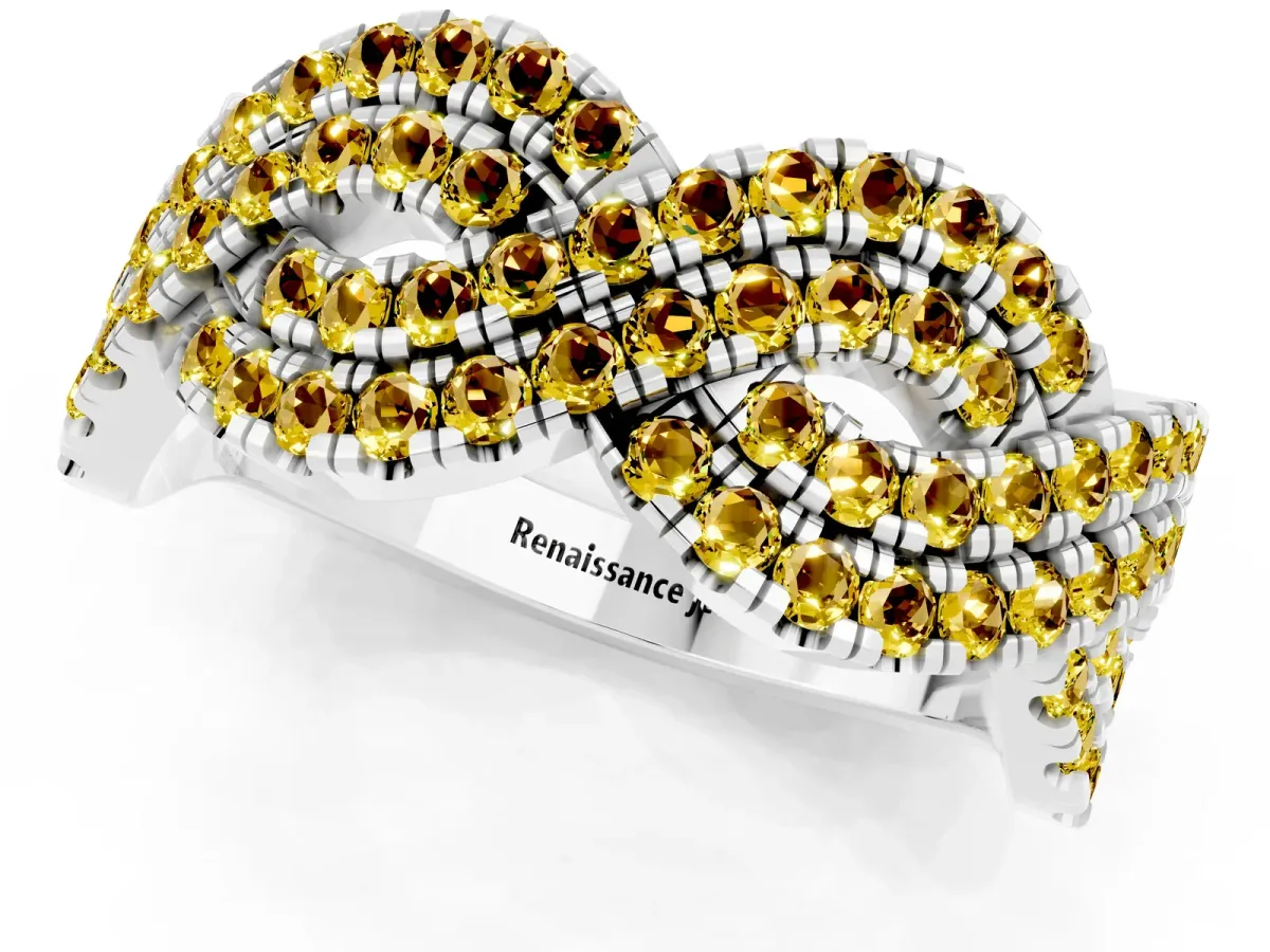 Pavé Round Yellow Sapphire Infinity Twist Band with Shared Prong Setting White gold