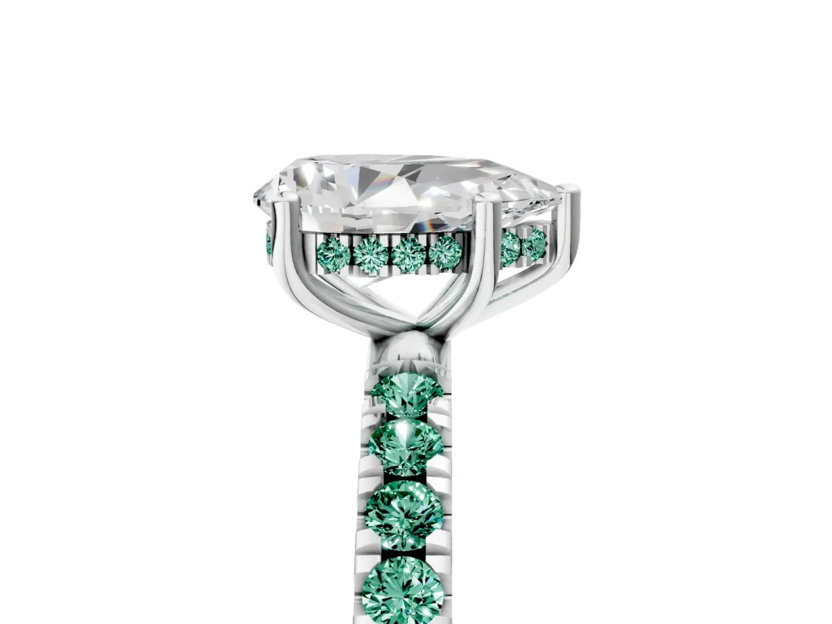 Pear Cut Diamond Pave Band Solitaire Ring with Round Green Sapphire and Prong Setting White gold