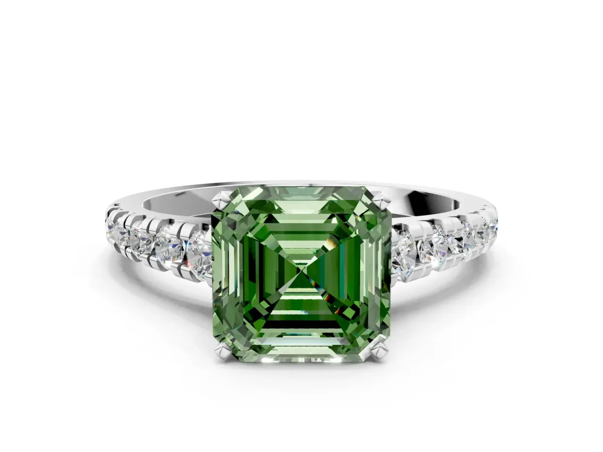 Fancy Green Asscher Cut Diamond Cathedral Solitaire Ring with Round Pavé Band Platinum