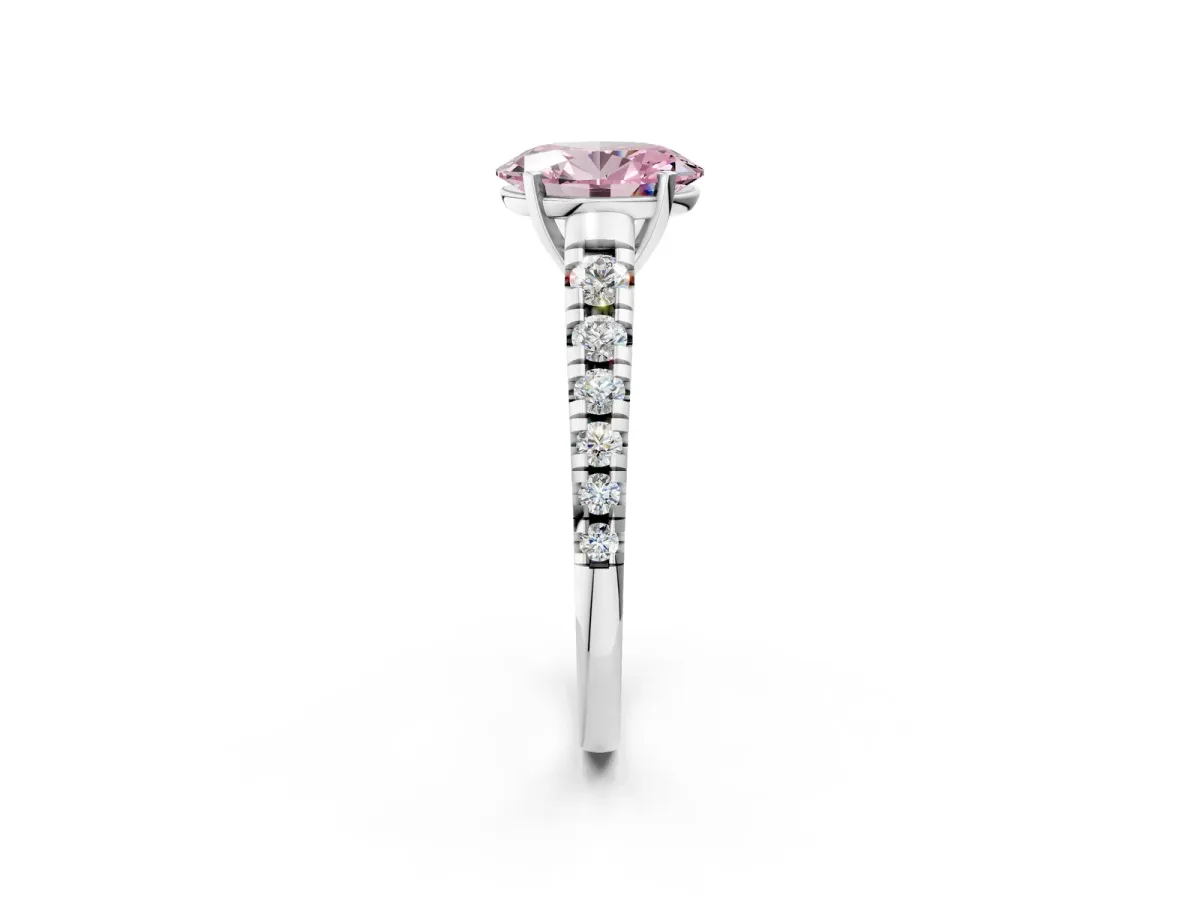 Fancy Pink Oval Cut Diamond Cathedral Solitaire Ring with Round Pavé Band White gold