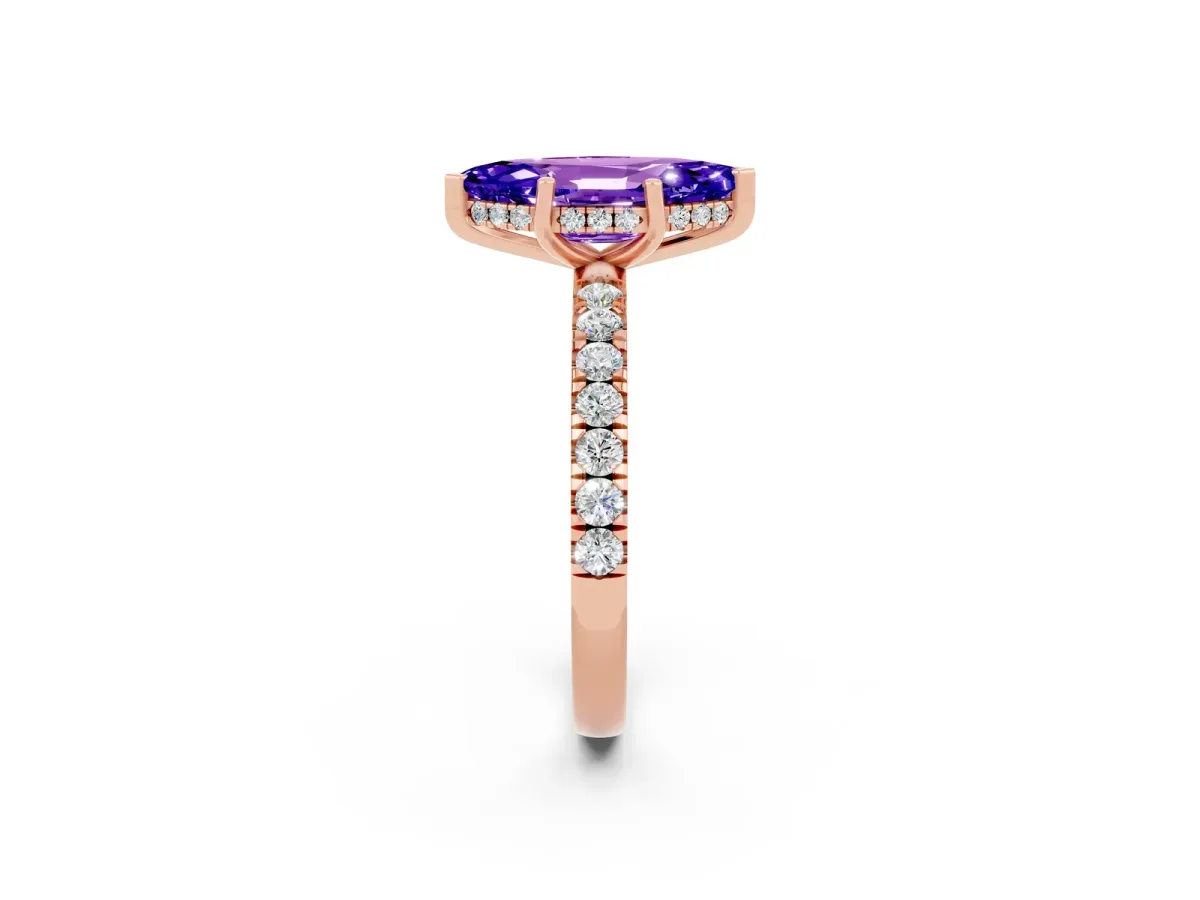 Marquise Cut Tanzanite Pave Band Solitaire Ring with Round and Prong Setting Rose gold
