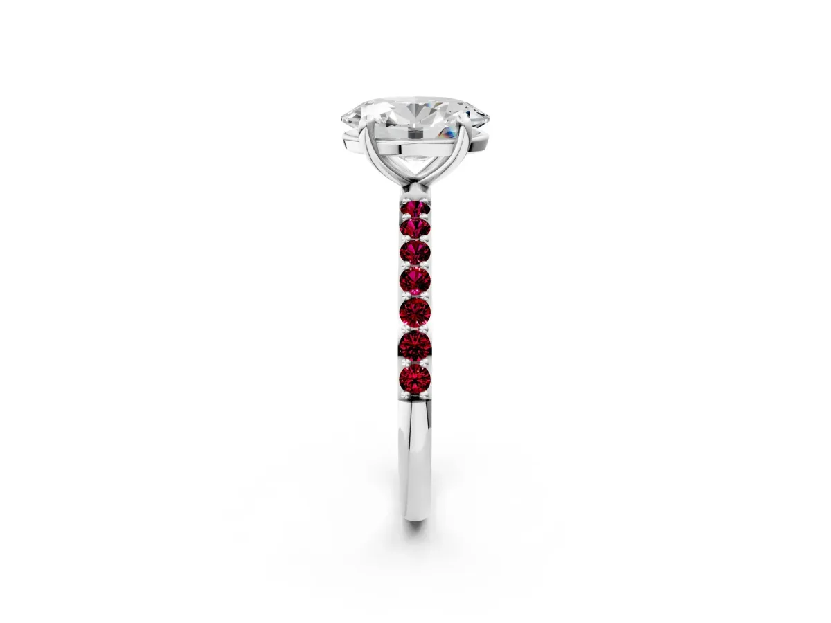Oval Cut Diamond Solitaire Ring with Round Garnet Pavé Band and Prong Setting Platinum