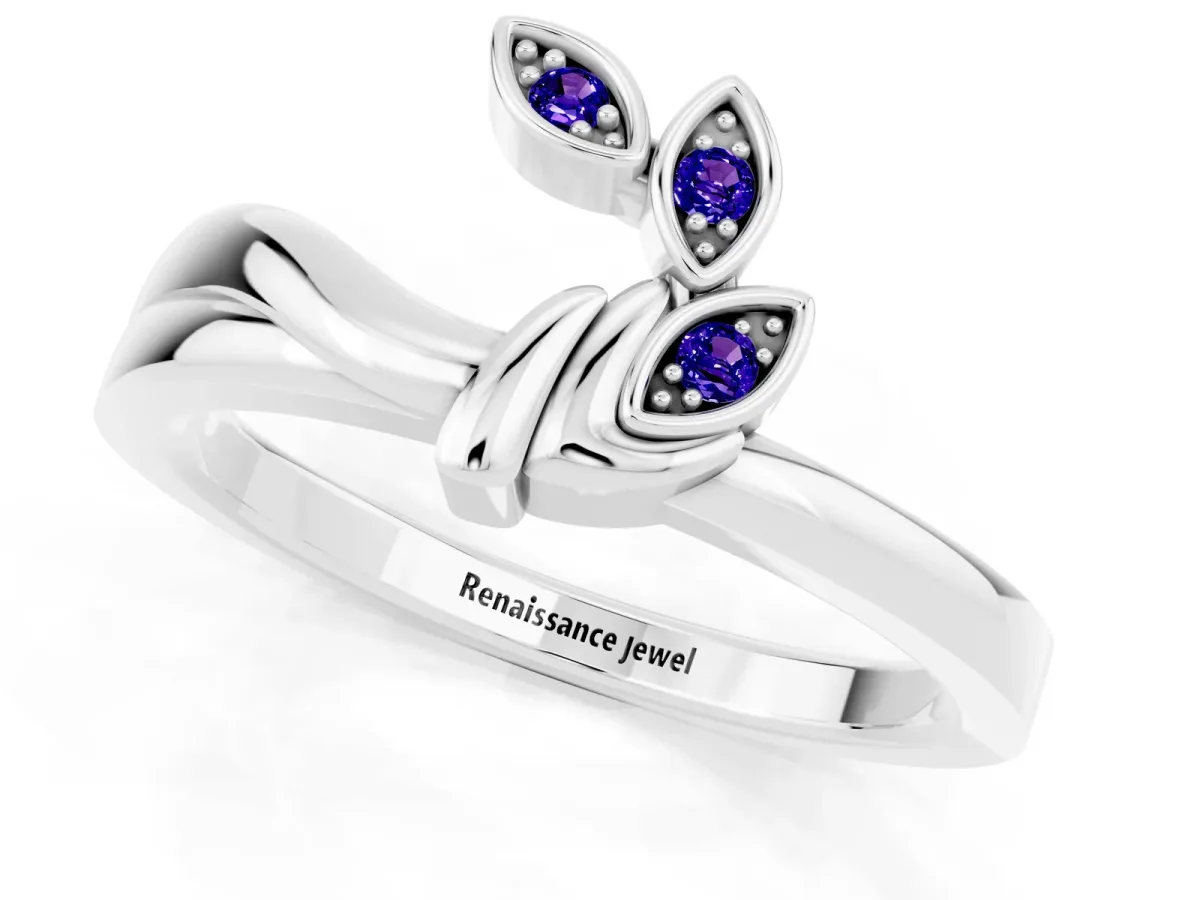 Three-Stone Round Tanzanite Leaf Bypass Ring with Bezel Setting White gold