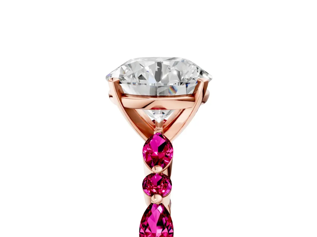 Round Cut Diamond Ring with Marquise and Round Garnet Side Stones and Four-Prong Setting Rose gold